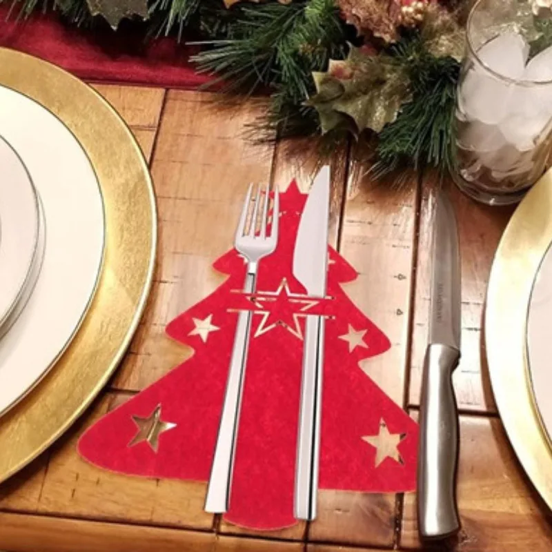 Cookware Organizer Table Decor Knife and Fork Holder Cutlery Bag 4PCS Christmas Elk Xmas Tree Pocket Non-woven fabric