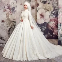 Classic High Collar Lace Appliques Wedding Dress Sweep Train Long Sleeves Muslim A-Line Church Vintage Bridal Gowns  customized