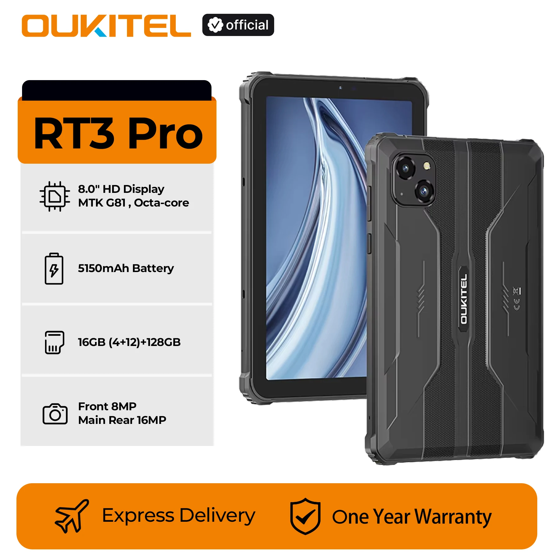 Oukitel RT3 PRO Batterie 5150mAh 16 Go + 128 Go Écran HD 8 "Profil ultra fin 13.9mm IP68 & IP69K & MIL-STD-810H