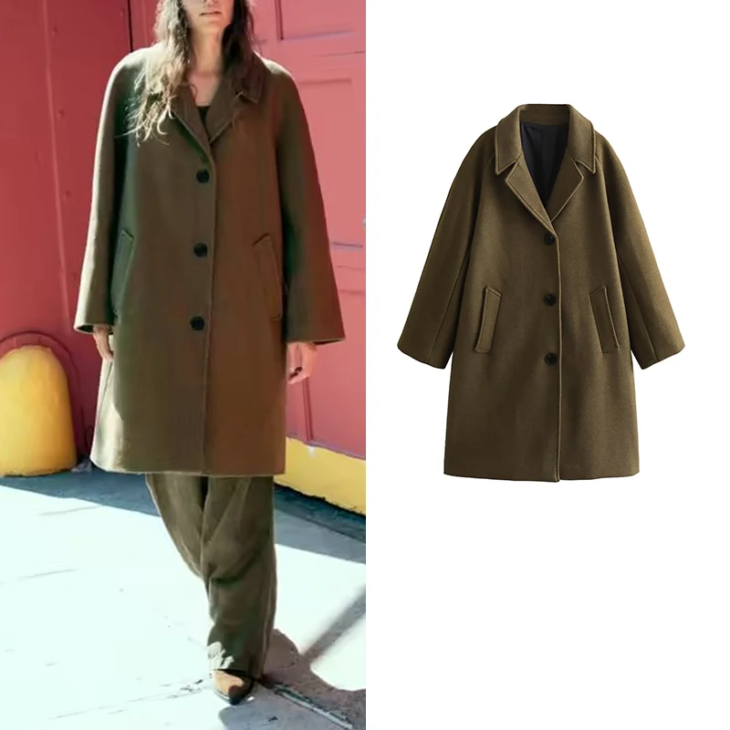 

Зимнее шерстяное пальто TRAF, новинка 2023, Свободное длинное шерстяное пальто, зимняя теплая Женская куртка, элегантное модное уличное молодежное пальто