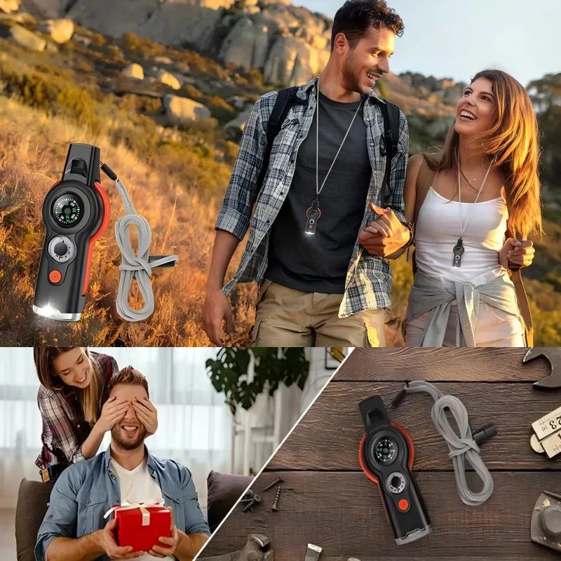 7-in-1 emergency survival whistle with hanging rope-made of durable PVC material, for rowing, kayaking, hiking, camping
