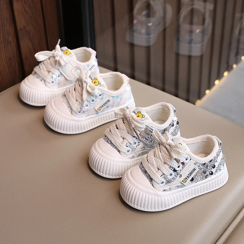 Children Elegant Sneakers for Girls 2024 Spring Autumn Fashion Korean Style Comfortable Soft Cute Cartoon Sequins Casual Shoes 2