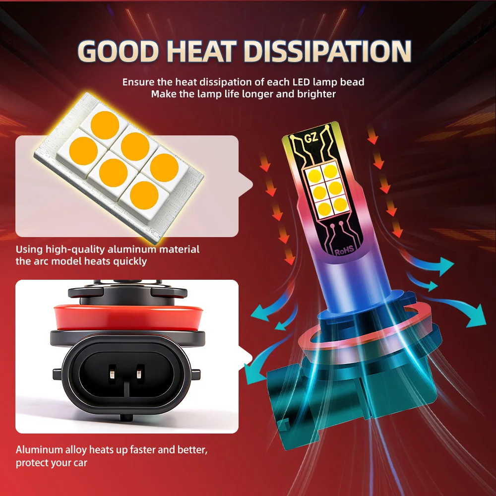 2PCS H11 H8 LED 전구 황금색 안개등 DRL 라이트 고출력 3000K 슈퍼 브라이트 12000LM