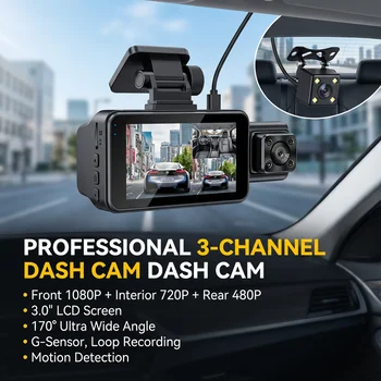 Dash Cam a 3 Canali con Registrazione Video 1080P, Telecamera Anteriore, Posteriore e Interna, Rilevamento Movimento e Registrazione in Loop per Auto