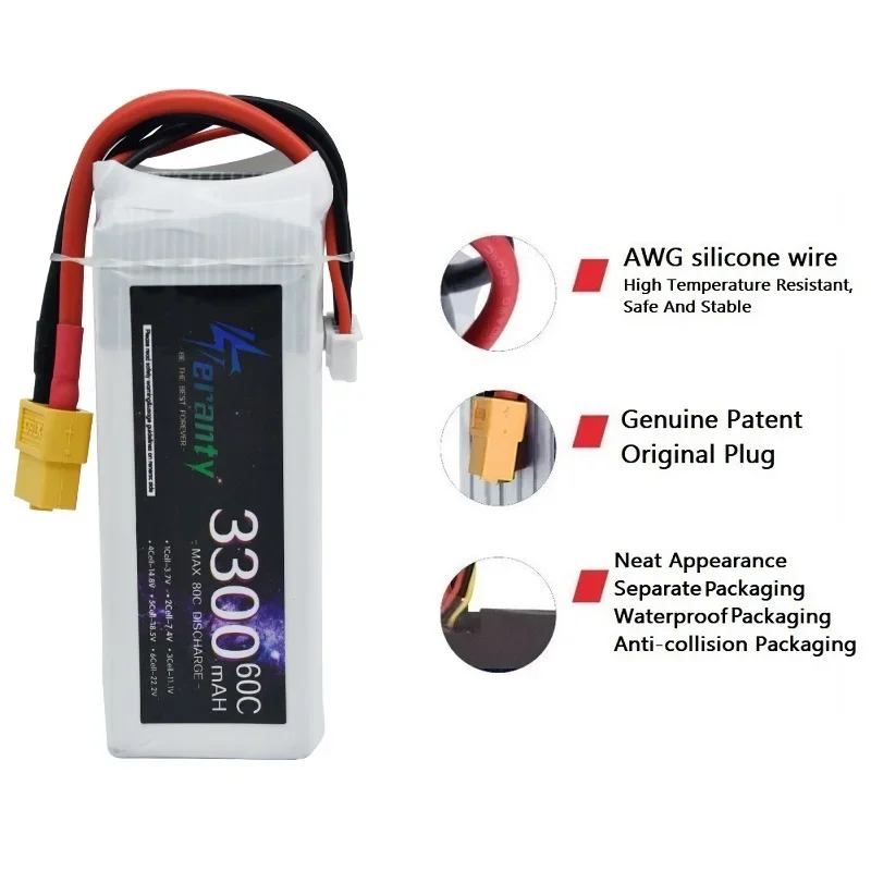 Batterie Lipo 4S 14.8V 10400mAh 60C pour drone, vue de côté avec câbles