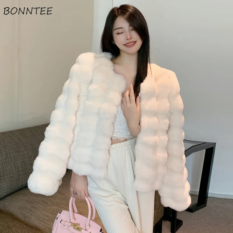 

Solid Imitation Fur Jackets Women Autumn Winter O-neck Fashion Korean Style All-match Comfortable Loose Slim Warm Temperament