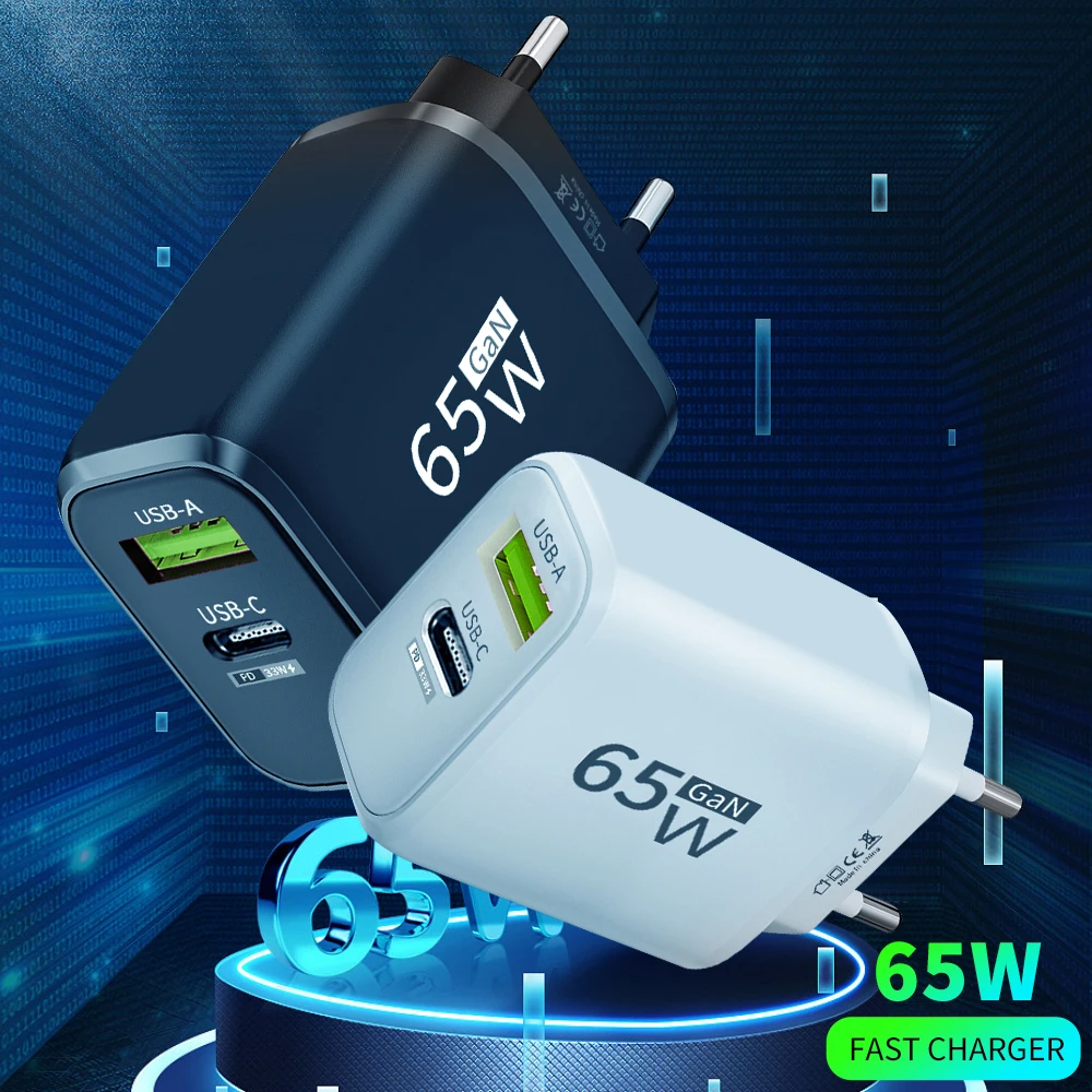 65W GaN PD USB Fast Charging QC3.0 2 Ports Type C EU/US Plug Adapter For iPhone Xiaomi Samsung Huawei cellphone adapter,power adapter,power charger