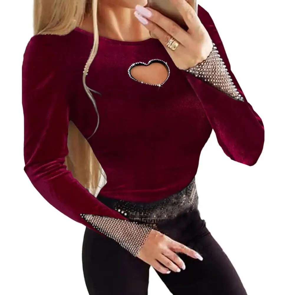 

Comfortable Women Top Rhinestone Mesh Hollow Heart Velvet Patchwork Women's Slim Fit T-shirt Sexy Blouse Long Sleeve for Autumn