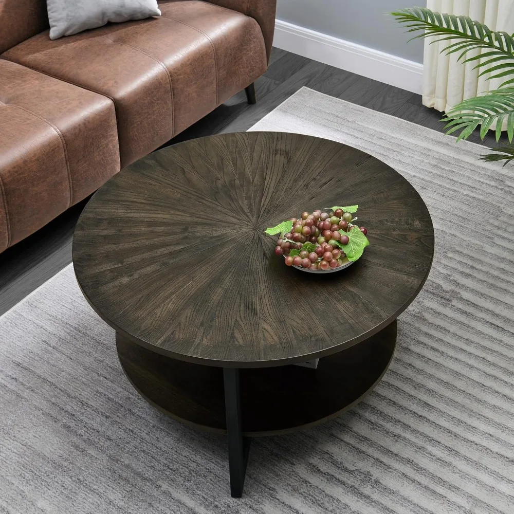 Round Coffee Table with Storage Shelf, Farmhouse Living Room Cocktail Black Metal Legs, Circular Solid Wood Center Tea Table 5