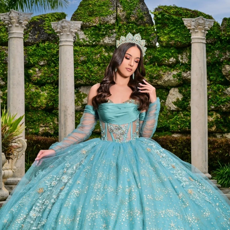 

Aqua Blue Glitter Crystal Sequined Quinceanera Dresses Ball Gown Off The Shoulder Beading Tull Corset Vestidos 15 De XV Años