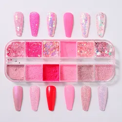 Pink Glitter Holographic Nail Powder with Iridescent Flakes and Crystal Sequins (F - 085 - 1)