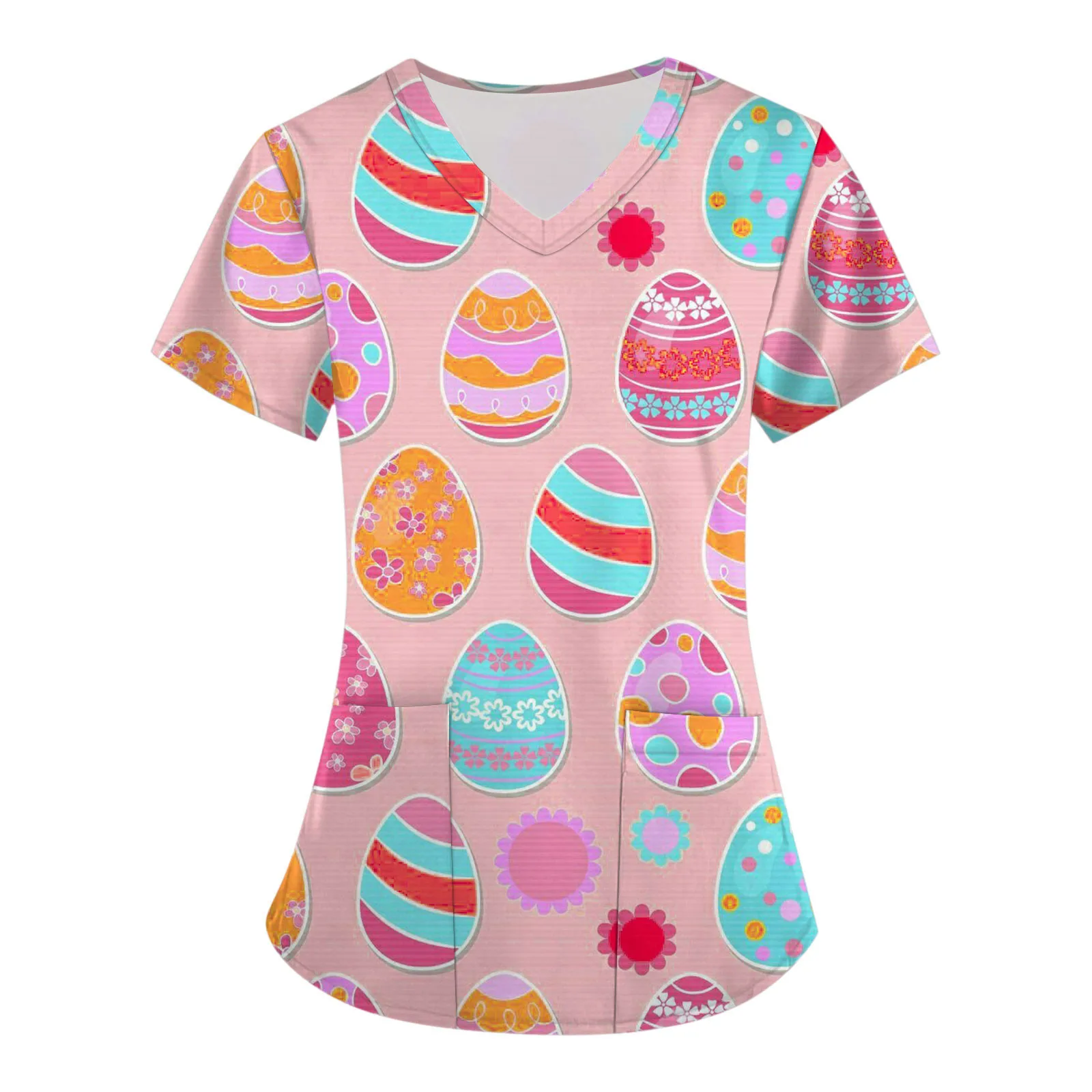 

Easter Eggs Print Scrubs Top For Womens Short Sleeve V Neck Nurse Uniform Blouse With Pockets Easter T-Shirt Nursing Working Top