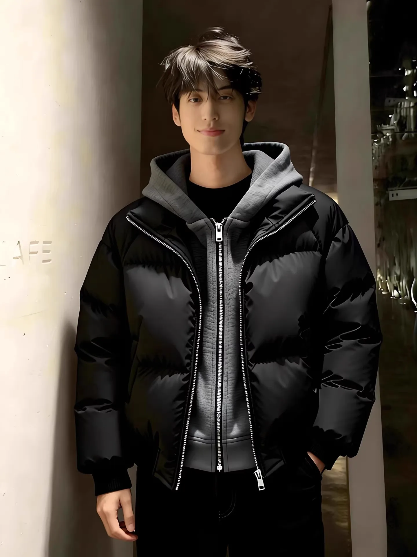 아메리칸 스타일 두꺼운 코튼 재킷 남성용 루즈핏 따뜻한 PU 가죽 후드 지퍼 캐주얼 패셔너블 올매치 겨울 코트