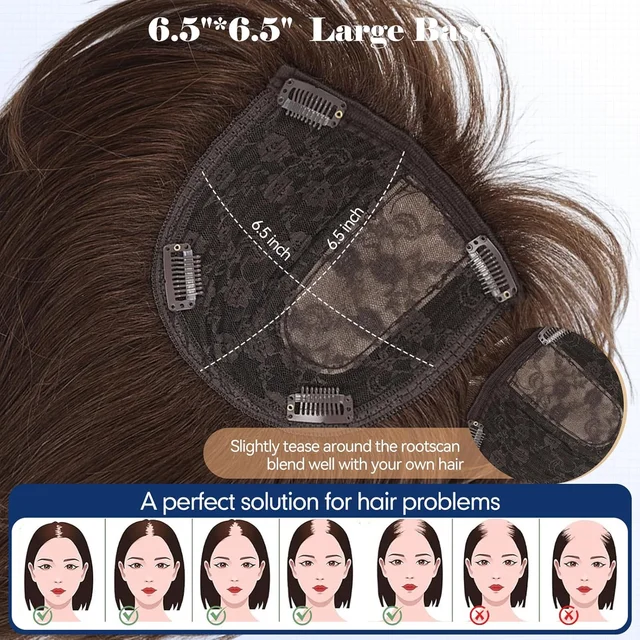 10in Human Hair Topper and Human Hair Extension wig for Women 6.5x6.5 Inch Silk Base Brown Side-parted Short Straight Bob with Bangs Natural Breathable 70g 2