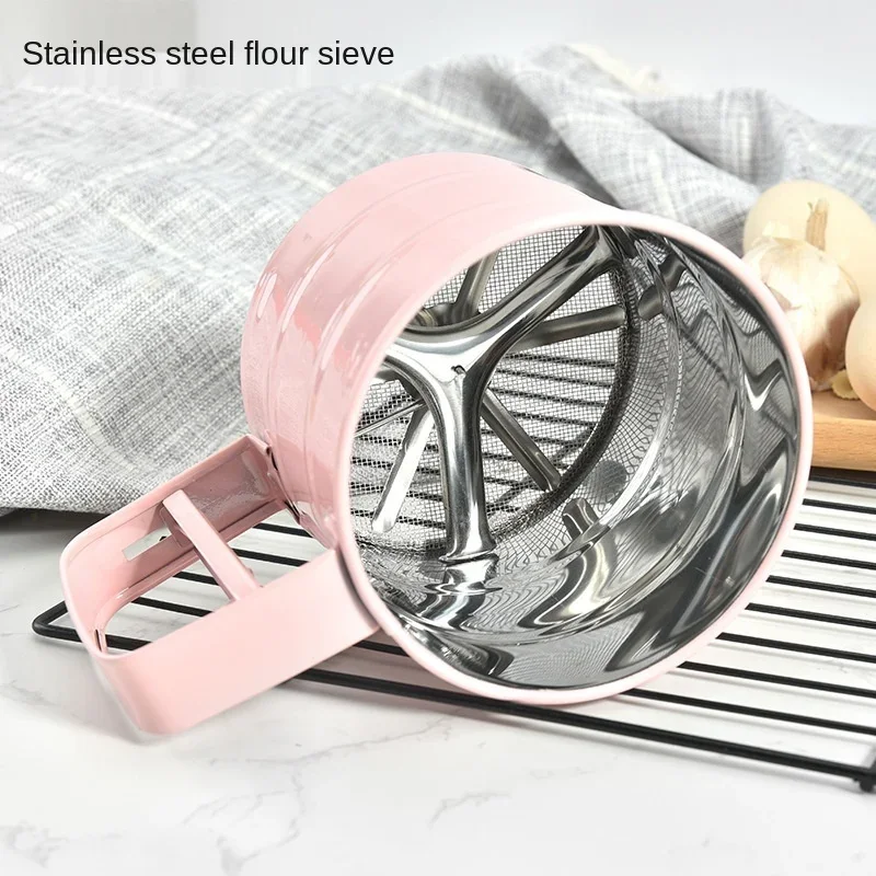 Flour Sifter Baking Tool Semi-automatic Hand-Held Flour Shaker Hand Pressing Type Sieve Pink Kitchen Accessories Cake