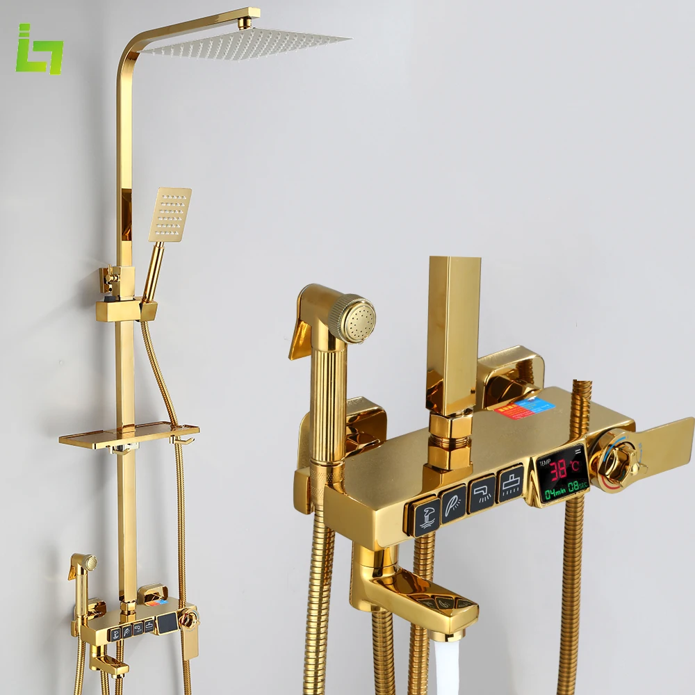 Long Spout Display Thermostatic Gold Shower Faucet Set Rainfall Bathtub Tap With Bathroom Shelf Water Flow Produces Electricity