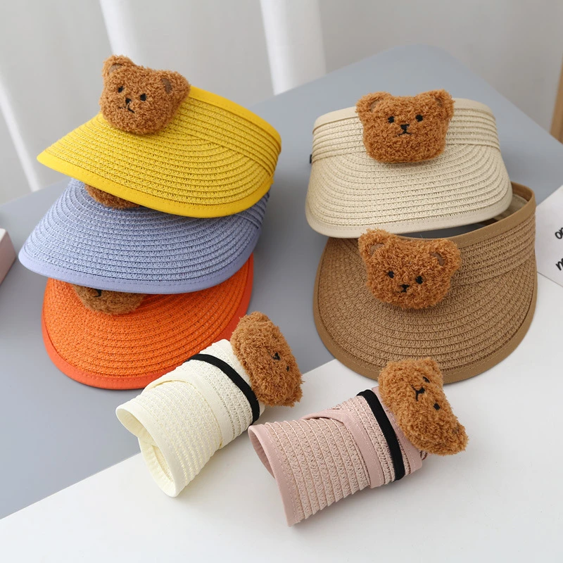 Baby Summer Hat Straw Visor Cap Woven Sun Protection Beach Bear Hat Baby Girls Sun Hats For Kids Infant Newborn Boys Beach Caps Baby Accessories cute	