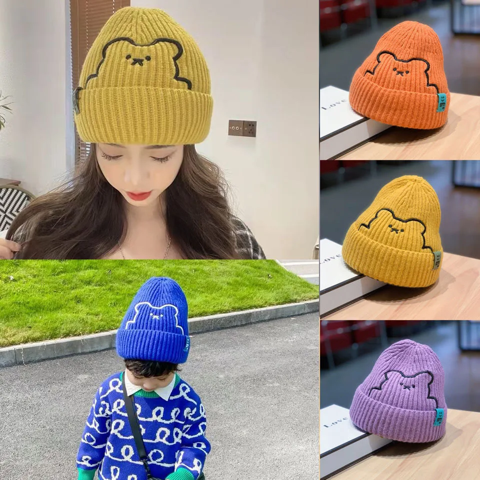 

Parent Kids Bear Knitted Cap Women's Autumn Winter Pile Style Japanese Women Men Warm Beanie Hat Bonnets Girls Boy Knitted Hat