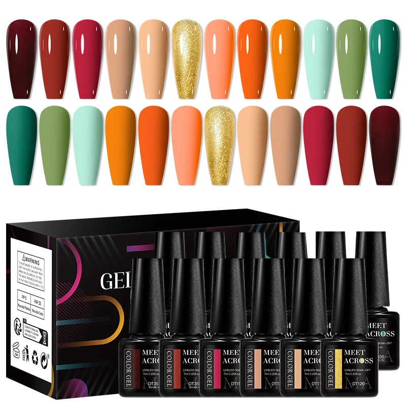 MEET ACROSS 12Pcs/Set Gel Nail Polish Set Colorful Glitter Nail Art Long-Lasting Soak Off UV Gel Kit for Manicure Nails Vernis 3