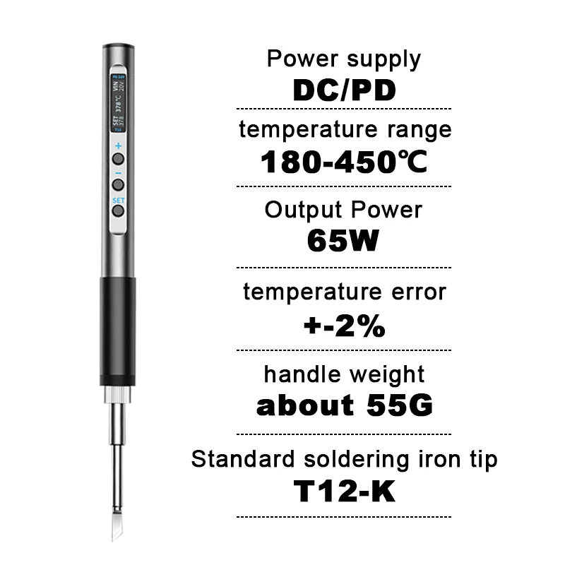 T12 납땜 인두 PD 전원 공급 장치 65W 디지털 디스플레이 조정 가능한 빠른 가열 휴대용 납땜 인두 키트