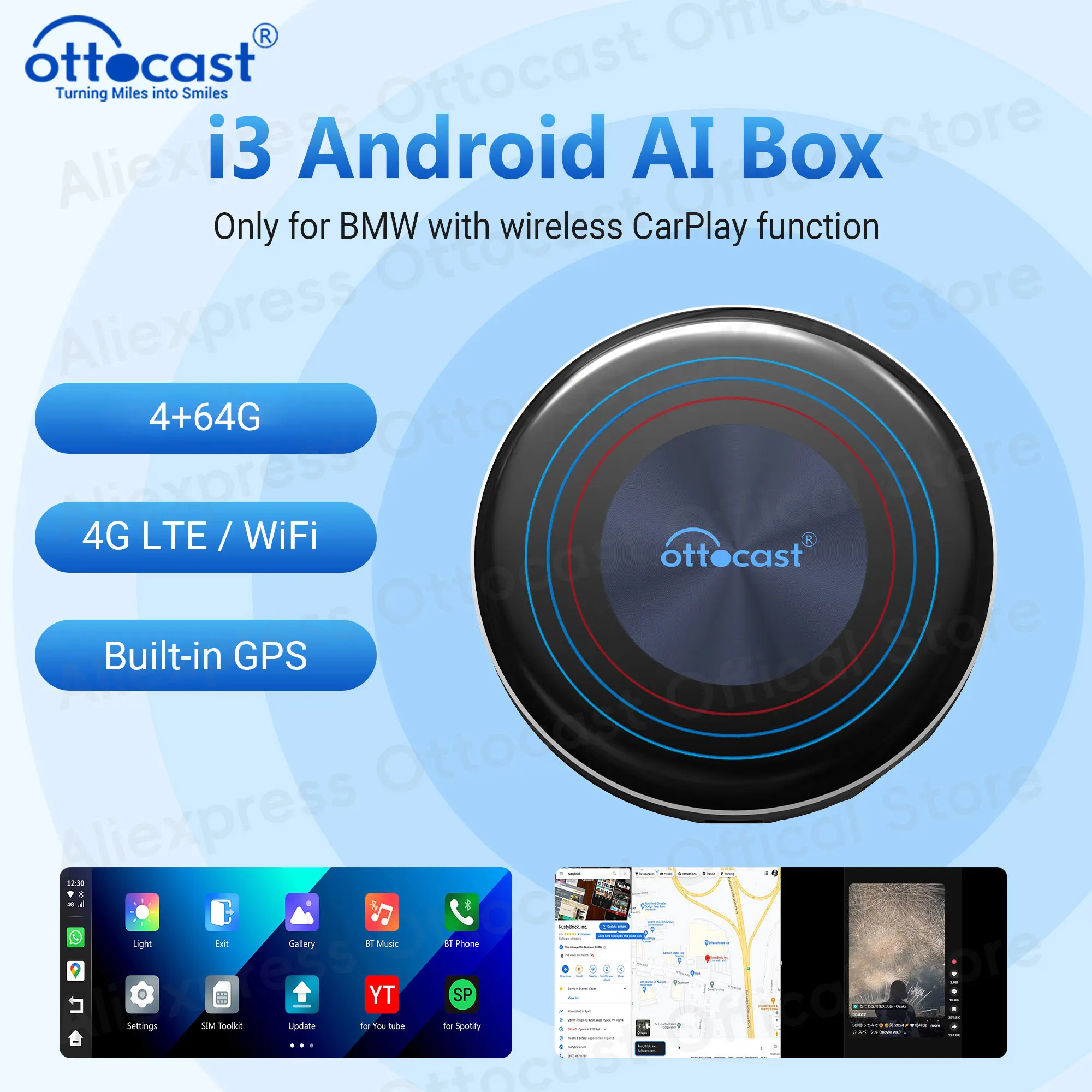 ottocast OttoAibox i3 Bluetoothユニット OttoAibox i3 BMW Exclusive Android 13 Wireless CarPlay AI Box