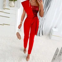 Fashion Sequins Decoration One Shoulder Backless Jumpsuit Women Female Slim Fit Stretch Lace-up High Waist  Back Zipper Rompers - Image 3