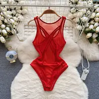 Foamlina Sexy Red Mesh Vest Jumpsuit Women's Sleeveless Cross Chest Slim Fit See Through Mesh Top Unique Bottom Top New Arrival