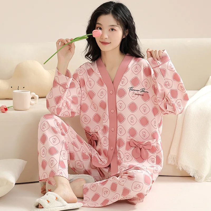 Spring Autumn Women's Thin Pure Cotton Pajamas V-neck Long Sleeve Cardigan Breathable Home Clothing Set Cartoon Cute Sleepwear