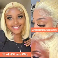 613 droite 13x4 dentelle avant cheveux humains Bob perruque pré plumé bébé cheveux 613 Blonde courte Bob perruque Remy cheveux humains pour les femmes 2