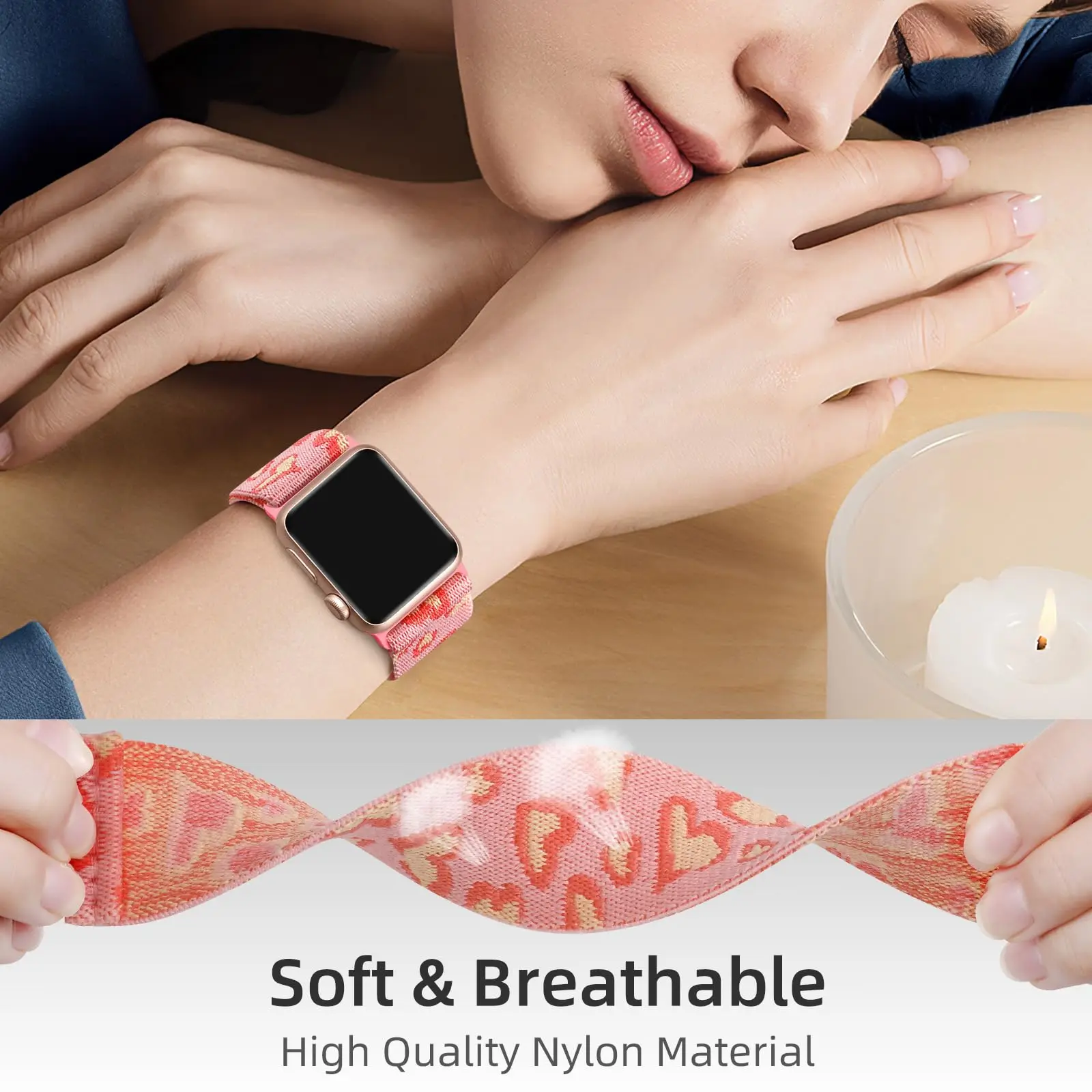Breathable Stretchy Nylon Solo Loop Band with Love/Flower Pattern - Elastic Braided Design