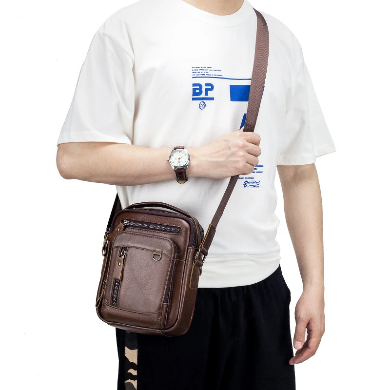 First Layer of Cowhide Men's Crossbody Bag Multi-functional Europe and The United States Trend Men's Single Shoulder Bag 2024
