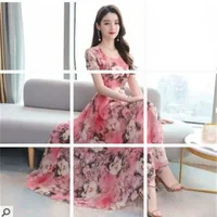 Spring Summer V-neck Ice Silk Print Slimming Knee-length Dress Fashionable Korean Style Long Skirt Girls Style Made in China