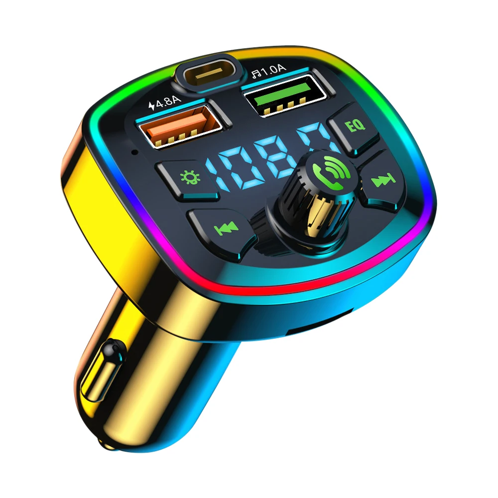 Car Bluetooth-compatible 5.0 FM Transmitter PD 18W Type-C Dual USBFast Charger Colorful Ambient Light Cigarette lighter