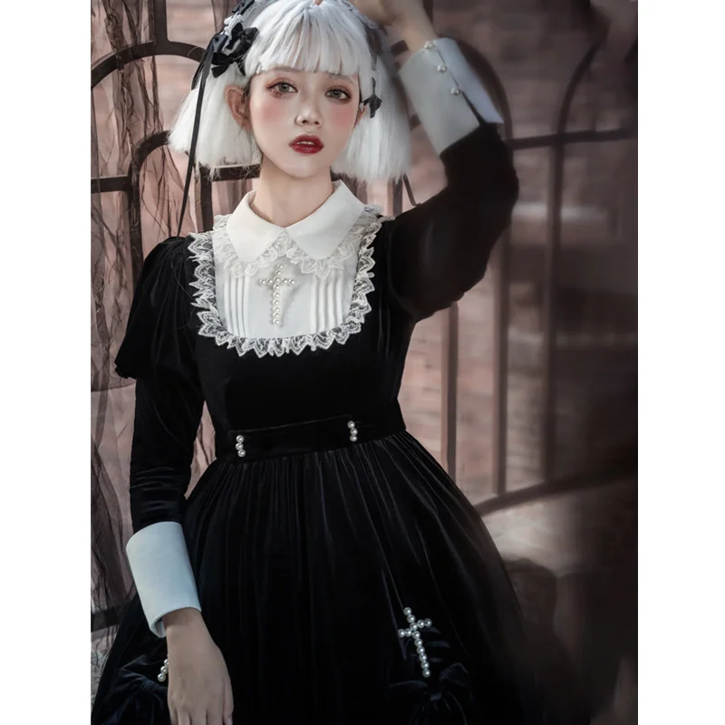 

Gothic Lolita Dress Girl OP Lace Women Cross Pattern Embroidery Cosplay Party Long Sleeve Nun Sister Punk Prom Summer Black