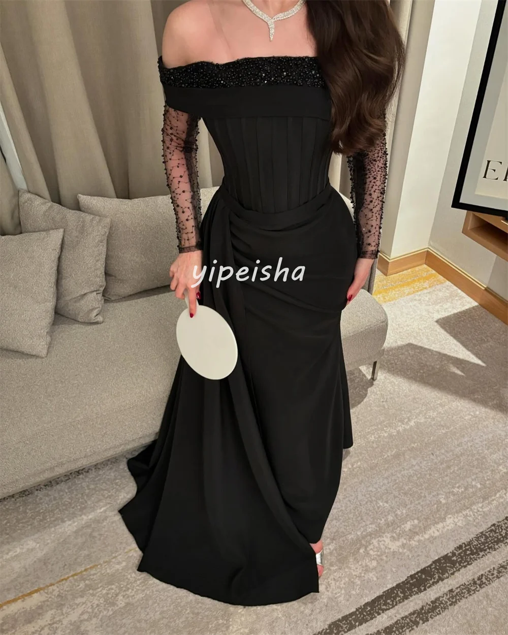 أزياء مخصصة رائعة جيرسي الطية ثنيات الديكور مطرزة...