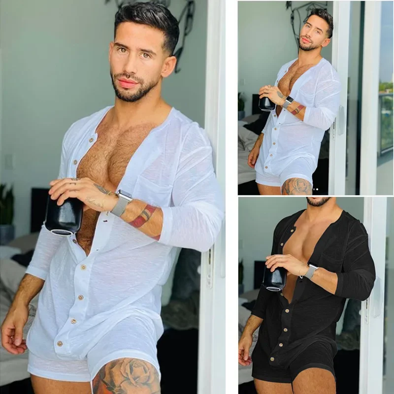 Men Adult Onesies Solid Color Tight Jumpsuit Homewear Long Sleeve Sexy Short Mens Jumpsuit Onsies Pajamas