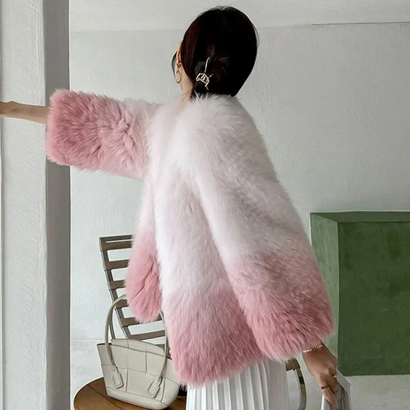 New Style Women's Warm Elegant Faux Fox Fur Coat Korean Fashion Winter Fluffy Faux Fur Coat High Quality Fur Coats for Women