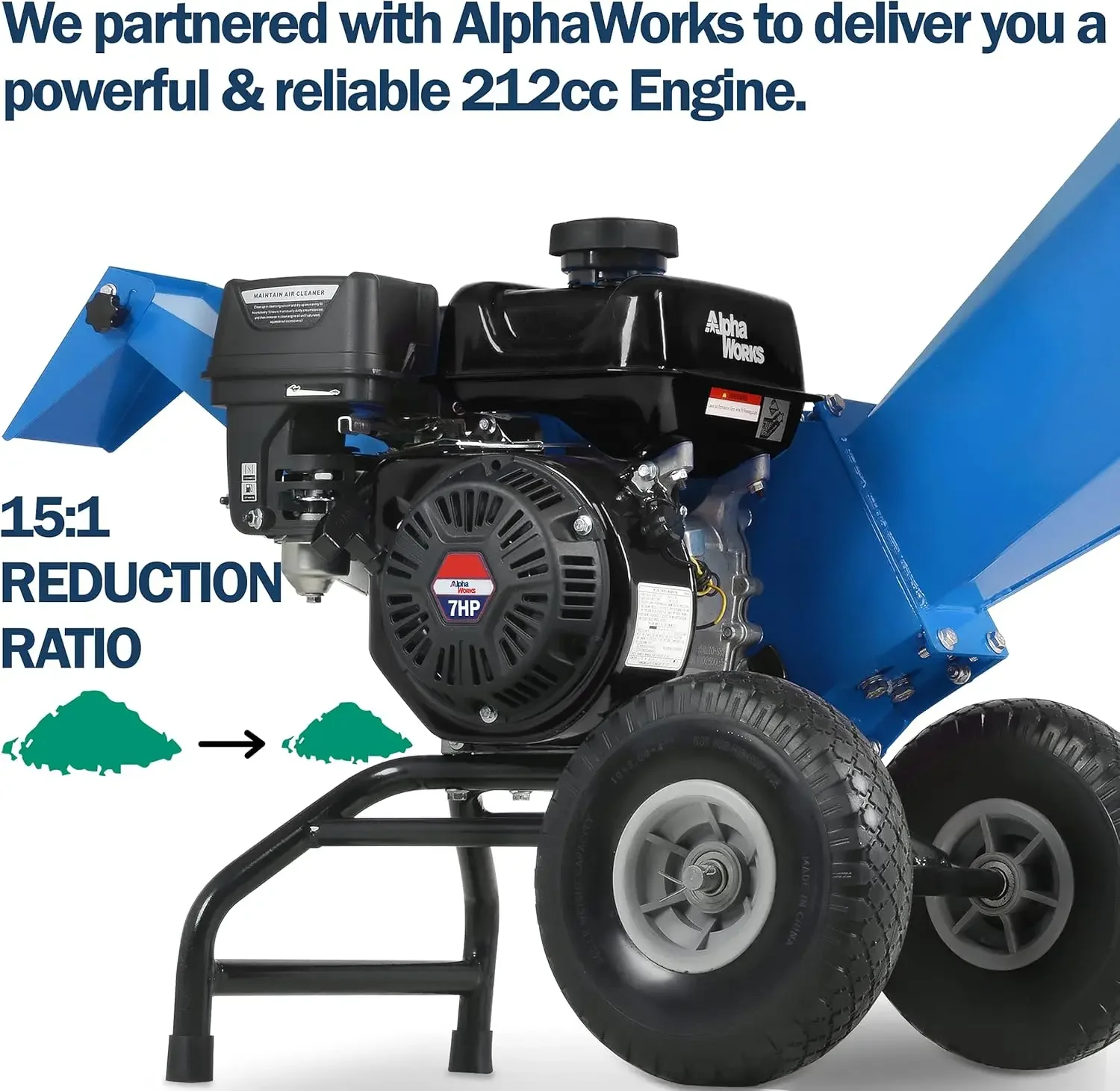 Wood Chipper Shredder Mulcher Heavy Duty 7 HP Gas Powered Compact Rotor Assembly 3 Inch Max Capacity 53.8"L x 19"W x 33"H