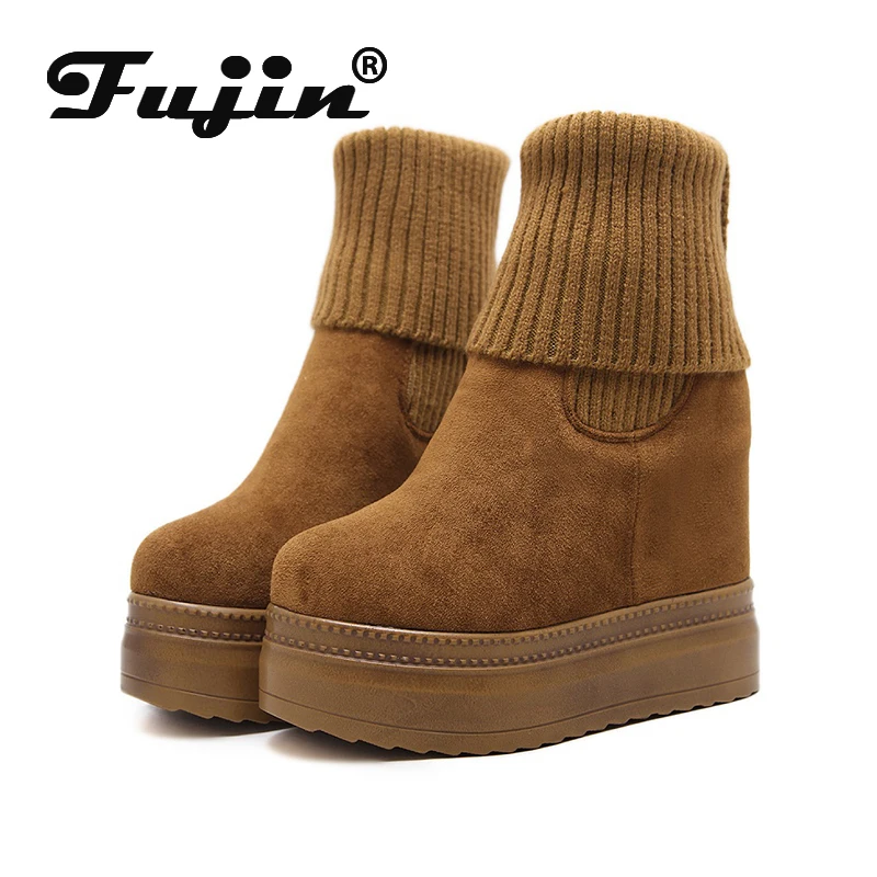 Fujin Women Mid Calf Boots Winter Knitting Wool Hidden Heel Woman Warm Winter Boots Fashion Platform Thick Sole Shoes Women Boot