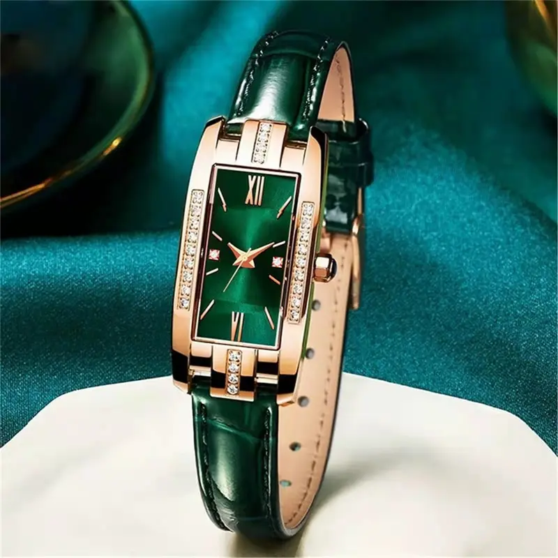 Womens Watch Fashion Square Ladies Quartz Watch Bracelet Set Green Dial Simple Leather