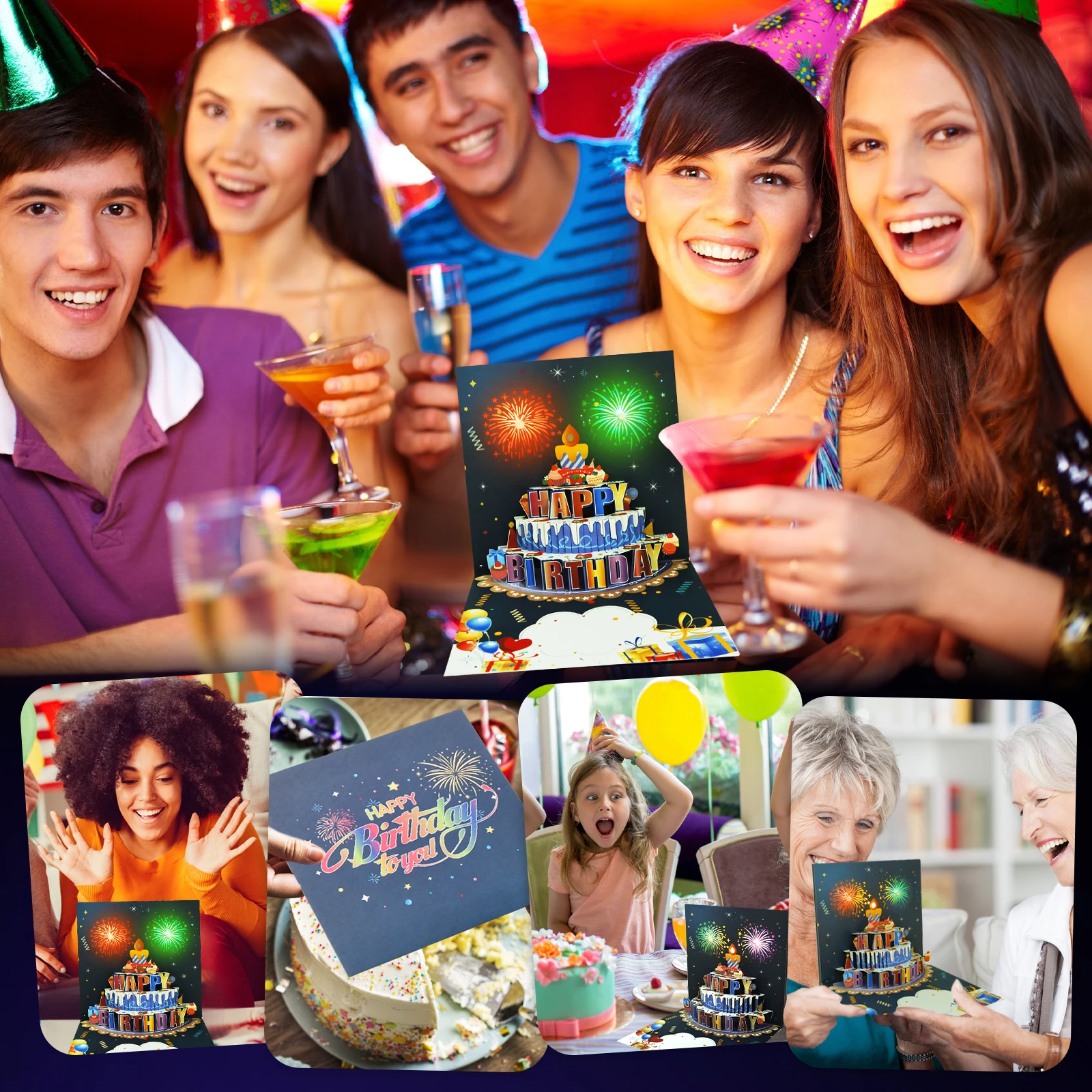 Illuminated Fireworks 3D Pop-Up Birthday Greeting Card with Sound and Envelope