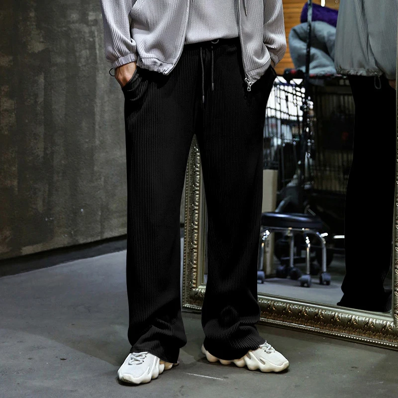 Men s Elastic Waist Trousers High Waist Loose Fit Tapered Leg Casual Solid Color Corduroy Pants with Pockets