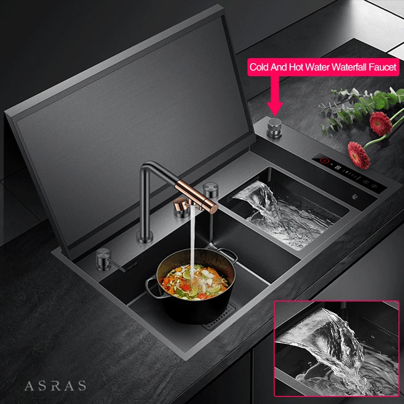 Nanometer Hidden Smart Purifying Kitchen Island Sinks Flip Cover Hidden 4mm Panel Handmade Double Sinks ASRAS