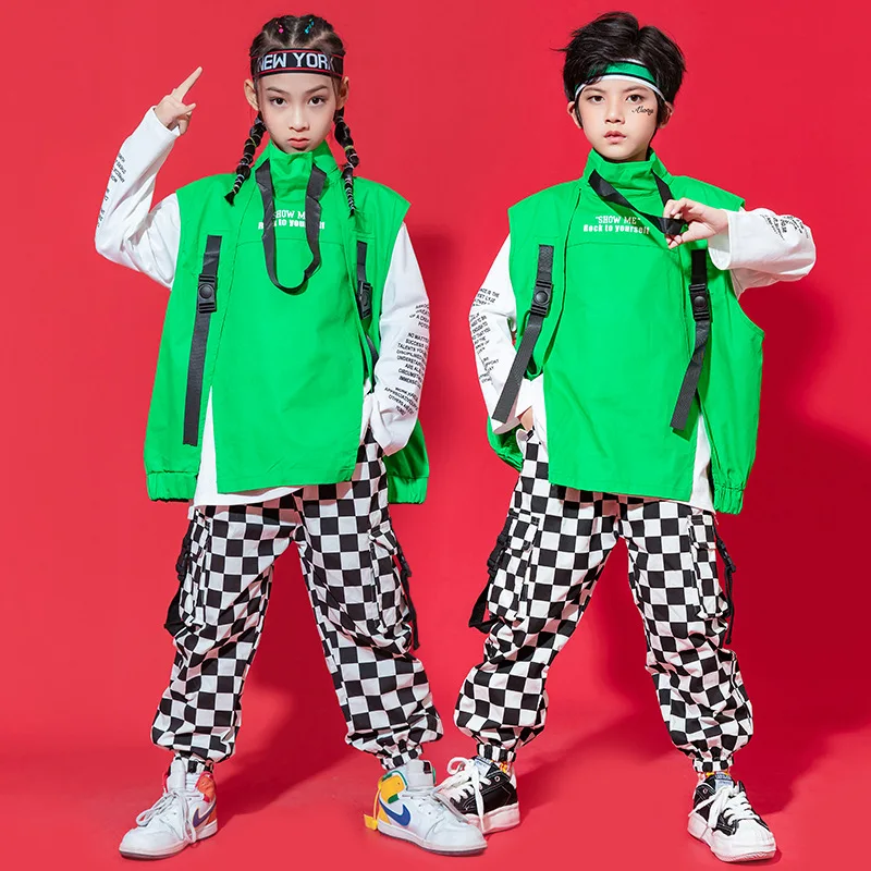 Kids Hip Hop Clothing Streetwear Checkered Tactical Cargo Jogger Pants for Girls Boys Dance Costume Clothes