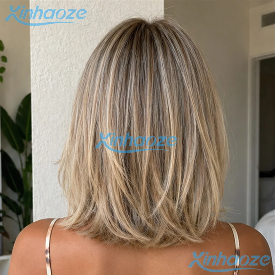 Parrucche corte bob in capelli umani con mèches biondo cenere # Parrucche Bob Corte 613 con Frontale in Pizzo 13x4, Pre-Piumate, Densità 180% - immagine 3