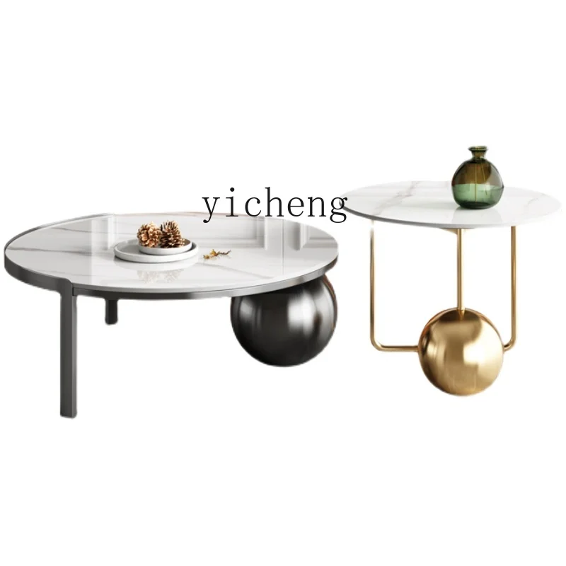 

ZC Small Apartment Stone Plate round Tea Table Combination Designer Living Room Home High-End Modern Minimalist