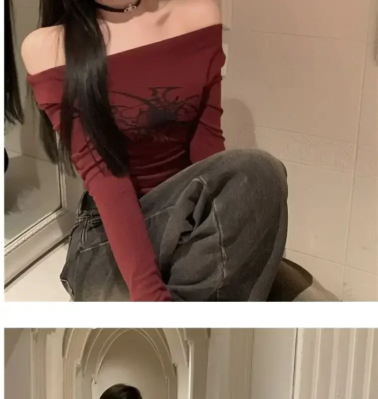 Camisetas de manga larga con cuello oblicuo para mujer, camisetas vintage sexys ajustadas, ropa de calle Y2k, camisetas para mujer, ropa nueva de primavera y verano
