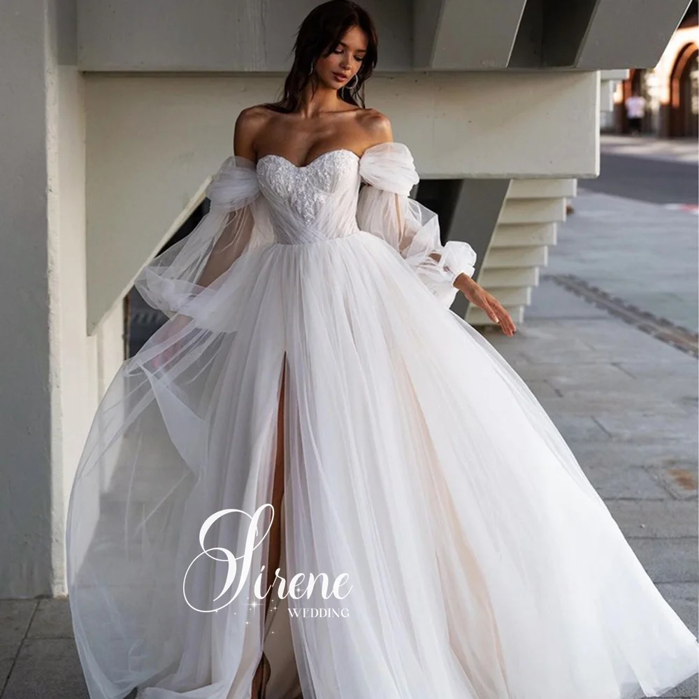 Sirene Beach Sweetheart Wedding Dress With High Side Split Detachable Sleeves Boho A-Line Bride Gown Backless Tulle Button Train