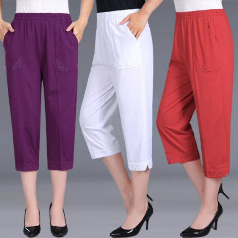 

Summer Women Seventh Pants Plus Size High Waist Elastic Waist Cotton Cropped Pants Loose Fitting Casual Pockets Trouser