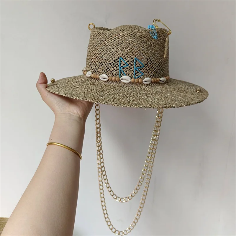 Kette Punk Strohhut neue Sonnenhut Goldkette Zubehör Jazz Hip Hop Sommer hut Punk-Stil Strand hut Kirchen hut – Detail 13